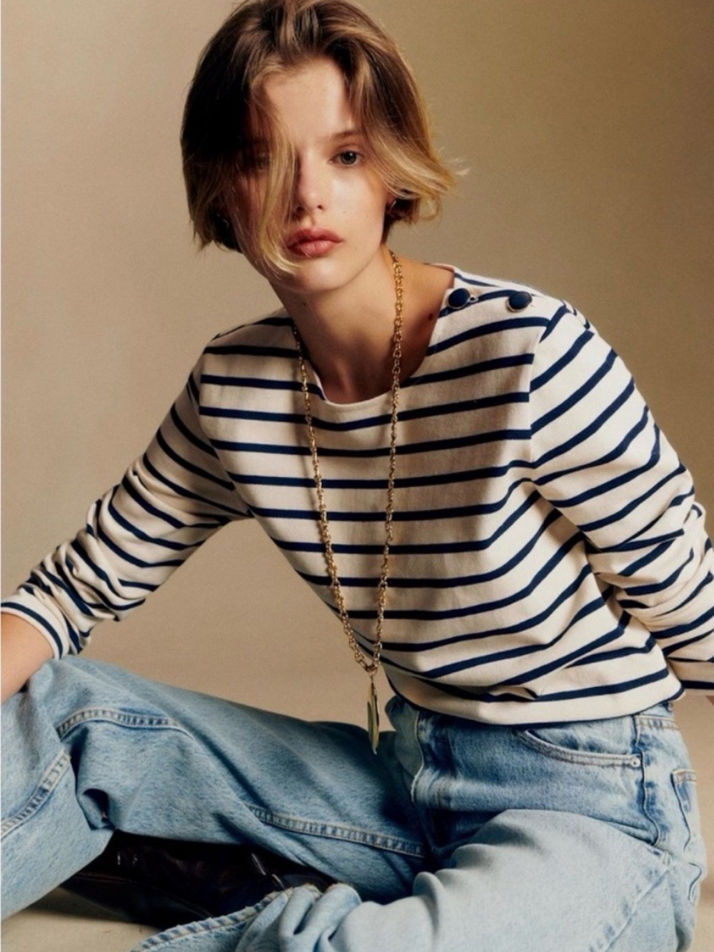 Sezane Colette Mariniere Cream & Navy Striped Top